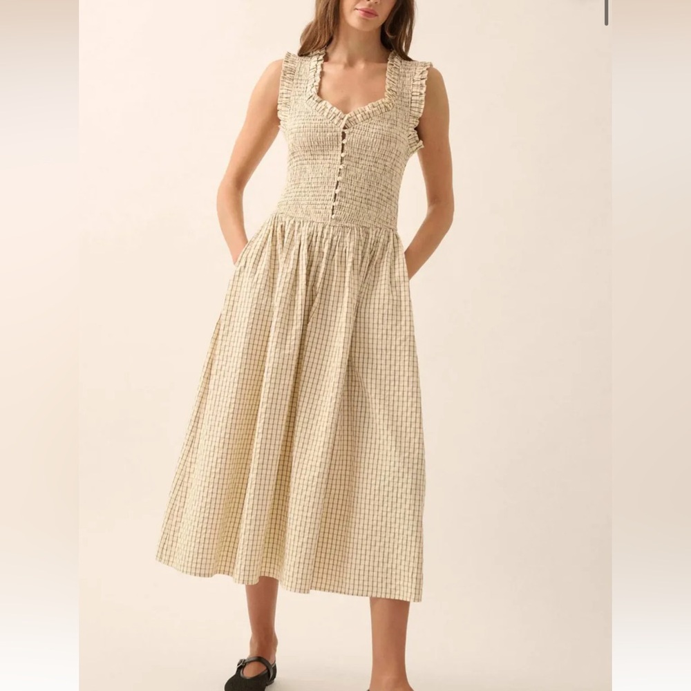 Promessa Smocked Ruffle Midi Dress in Beige Check